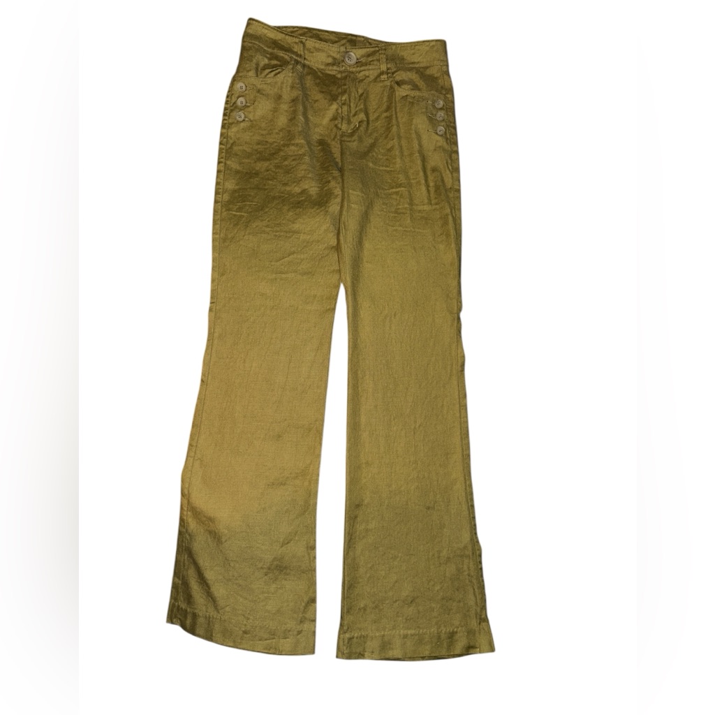 Cabi Olive Green Linen Blend Charlie Trousers Sailor Pants Size 2 27”W 30”L
